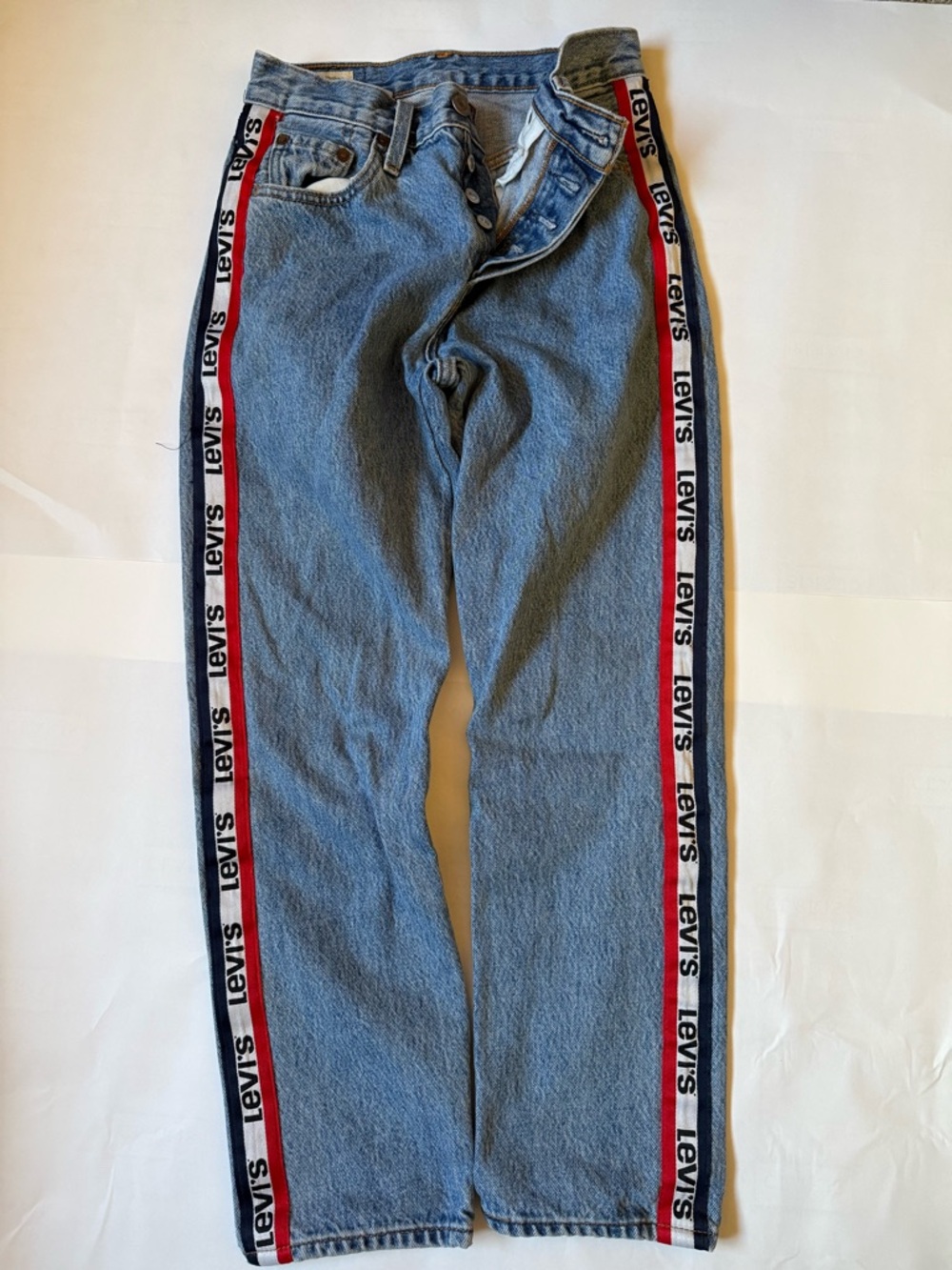 Levi's women's Light Blue Denim Straight Jeans with Red & Black Side Logo Tape